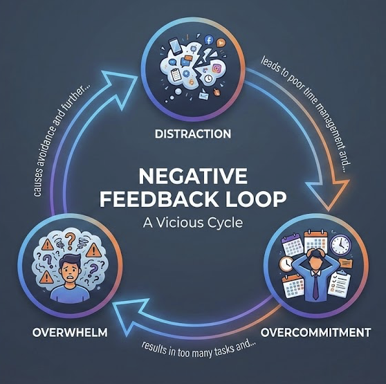 The Negative Productivity Loop — a cycle of Distraction, Overcommitment, and Overwhelm