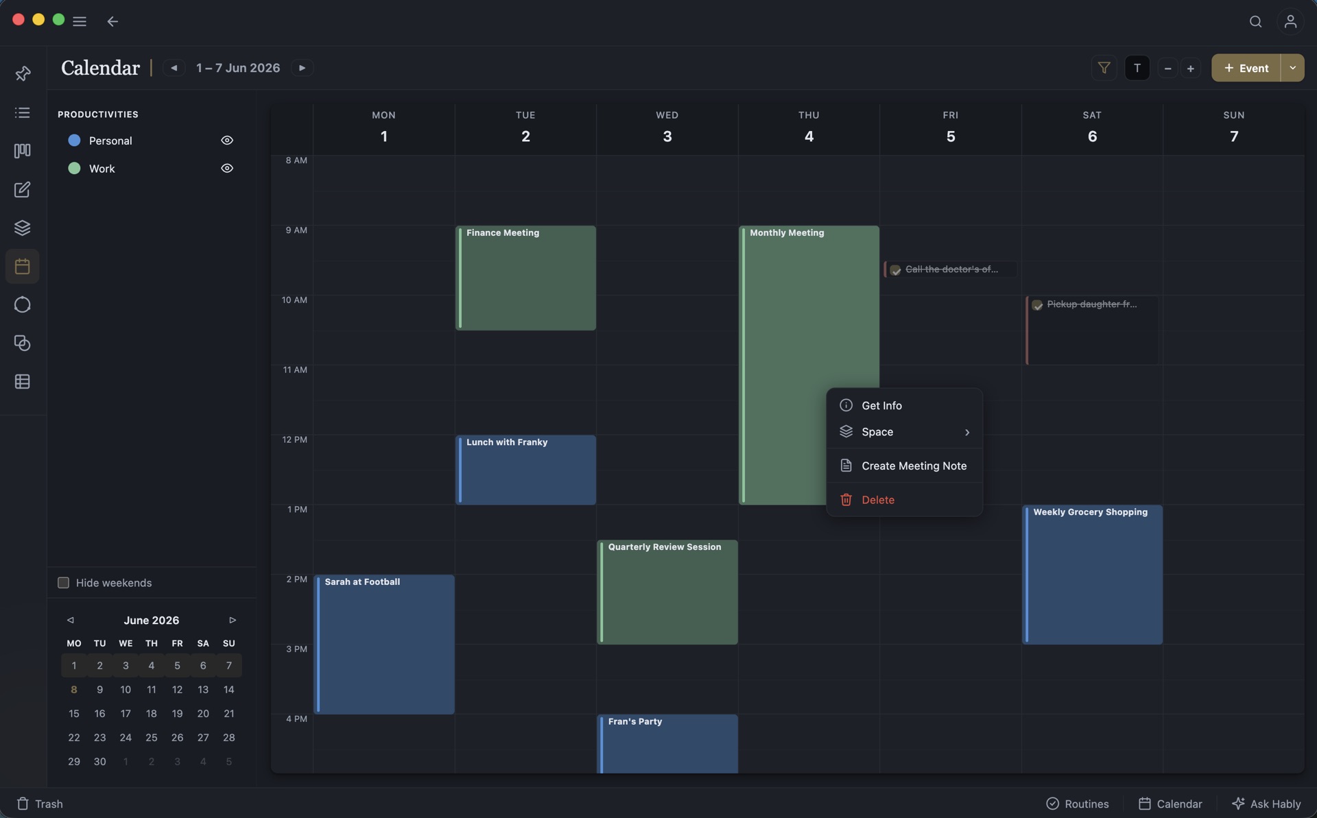 Productivities Calendar (Dark)