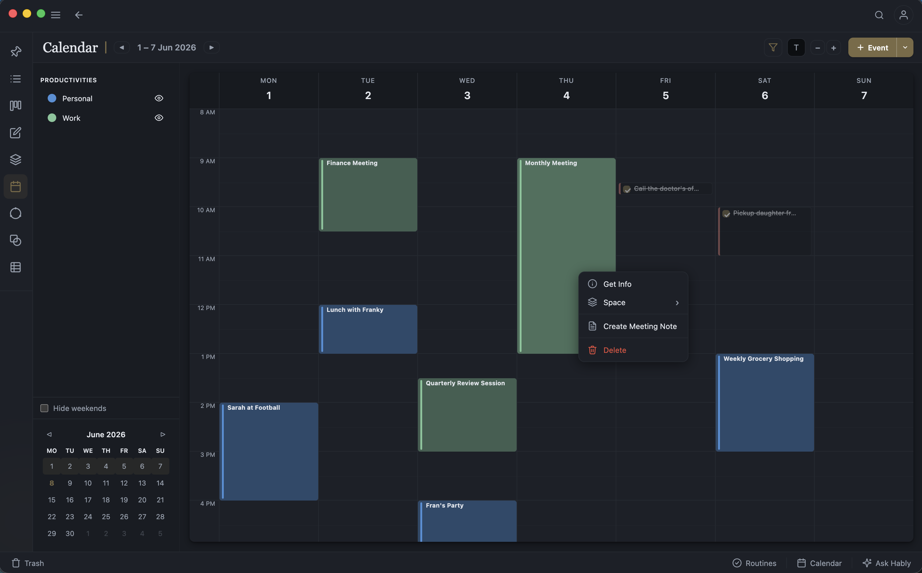 Productivities Calendar (Dark)
