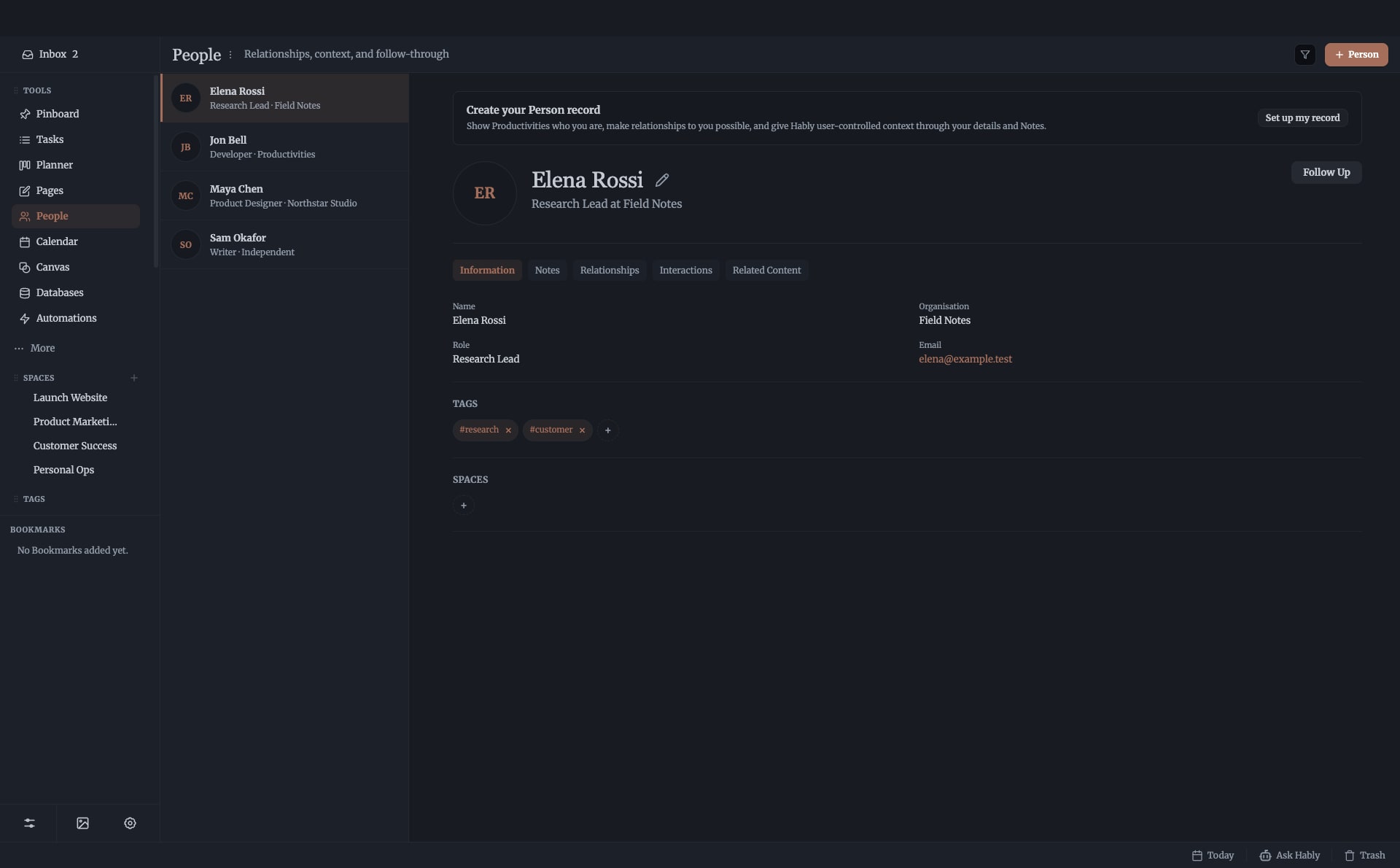 Productivities People showing a fictional launch team and relationship context