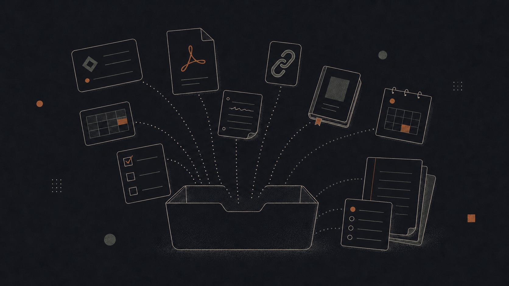 Notes, PDFs, links, tasks, calendar events, books and structured data gathering in one Productivities workspace